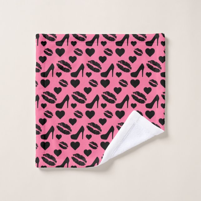 Black High Heels Kisses Lips Girly Makeup Hearts Wash Cloth (Wash Cloth)