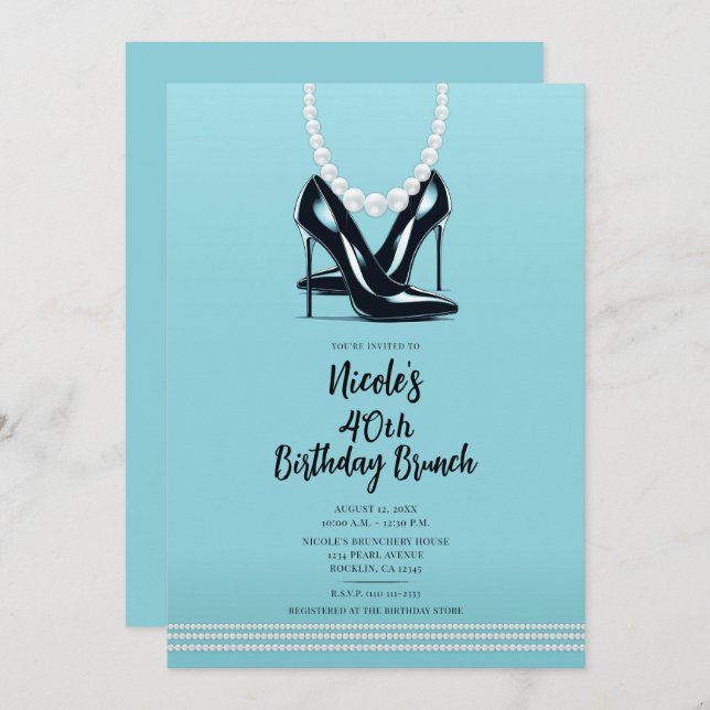 Black High Heels Pearls Turquoise Birthday Brunch Invitation (Front/Back)