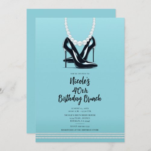 Black High Heels Pearls Turquoise Birthday Brunch Invitation