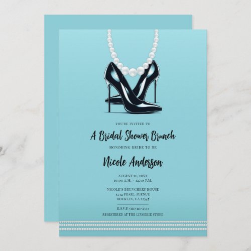 Black High Heels  Pearls Turquoise Bridal Brunch Invitation