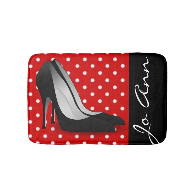 Black High Heels Red White Polka Dot Pattern Bathroom Mat (Front)