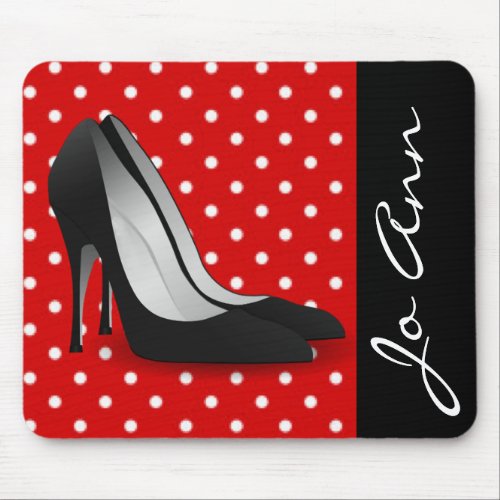 Black High Heels Red White Polka Dot Pattern Mouse Pad