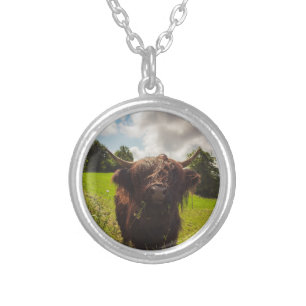 Black highland cow grazing green field sun light silver plated necklace