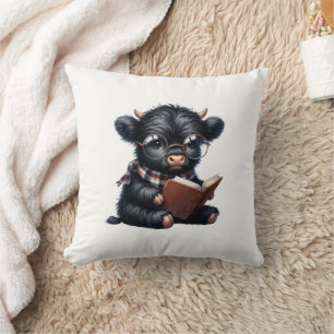 Black Highland Cow Reading A Book Throw Pillow