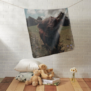 Black highland Scottish cow grazing vintage retro Baby Blanket