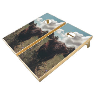 Black highland Scottish cow grazing vintage retro Cornhole Set