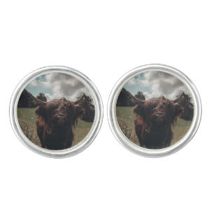 Black highland Scottish cow grazing vintage retro Cufflinks