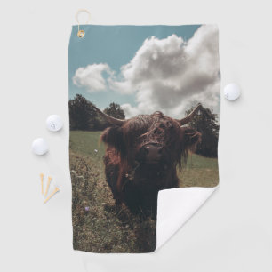 Black highland Scottish cow grazing vintage retro Golf Towel