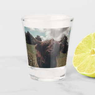 Black highland Scottish cow grazing vintage retro Shot Glass