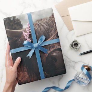 Black highland Scottish cow grazing vintage retro Wrapping Paper