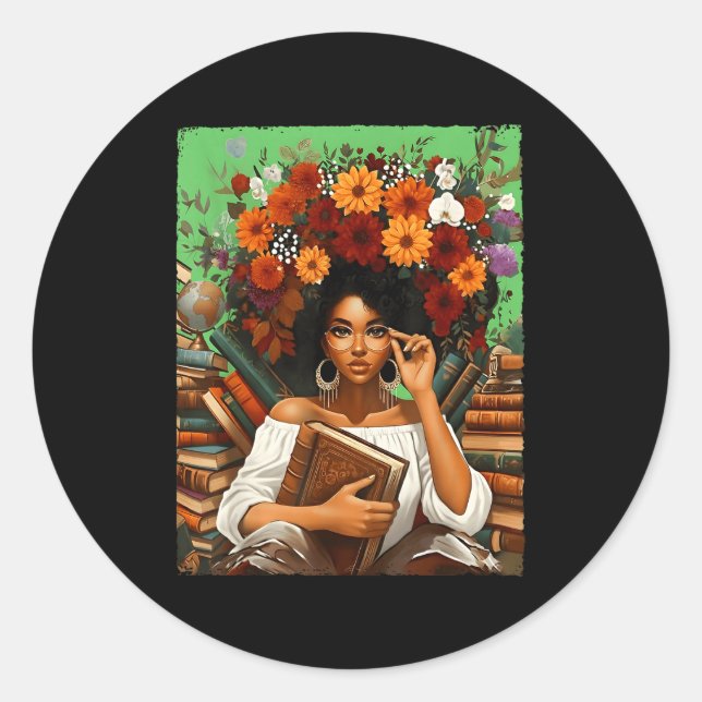 Black History Month Black Afro Girl Women Book Lov Classic Round Sticker (Front)