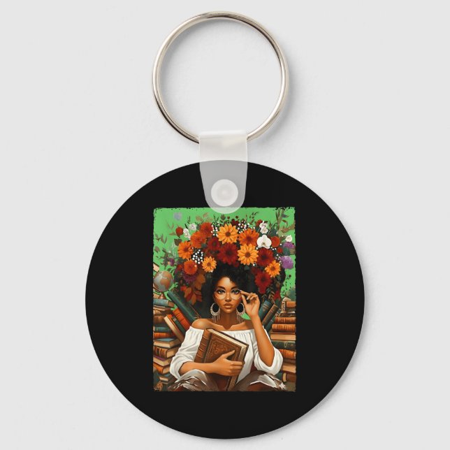 Black History Month Black Afro Girl Women Book Lov Keychain (Front)