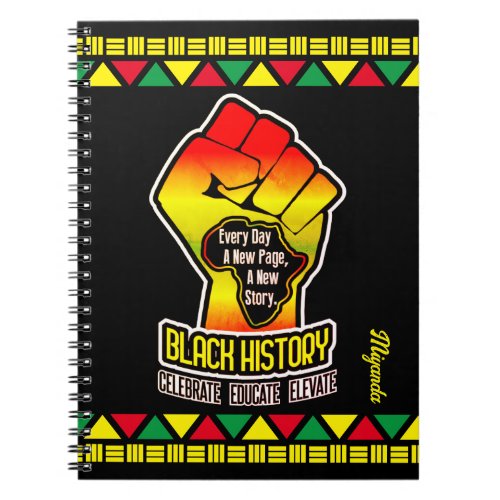 Black History with Africa Map and Fist on BLACK Notebook