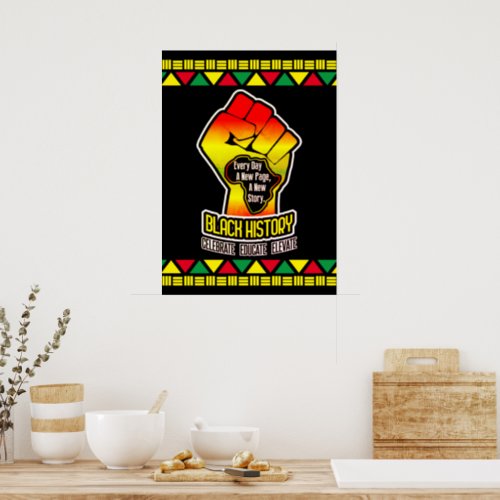 Black History with Africa Map and Fist on BLACK Poster