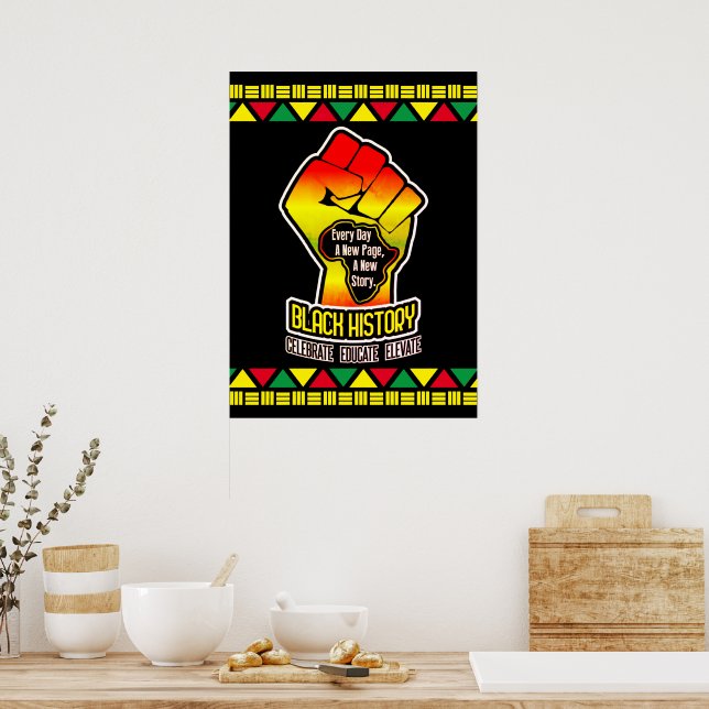 Black History with Africa Map and Fist on BLACK Poster (Kitchen)