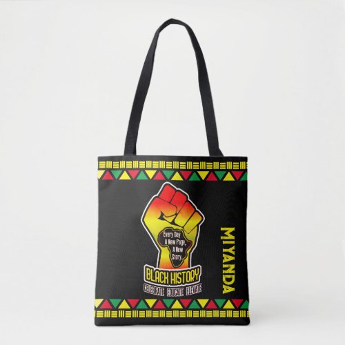 Black History with Africa Map and Fist on BLACK Tote Bag
