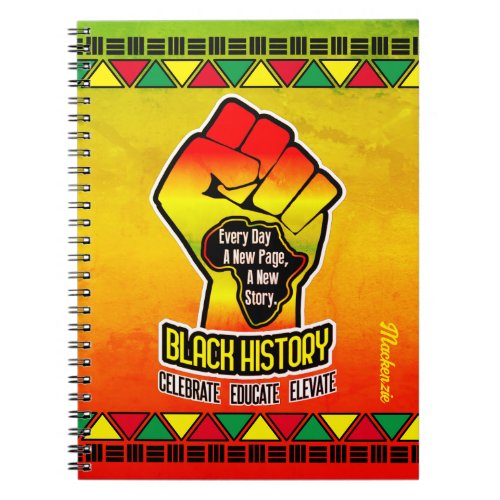 Black History with Africa Map and Fist on Grunge Notebook