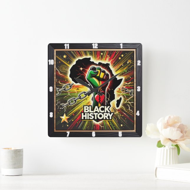 Black History With African Empowerment Symbolism Square Wall Clock (Home)