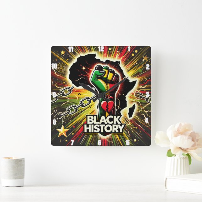 Black History With African Empowerment Symbolism Square Wall Clock (Home)