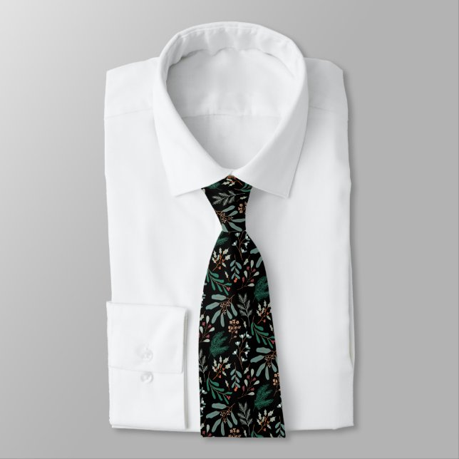 Black Holiday Greenery Pattern Neck Tie (Tied)