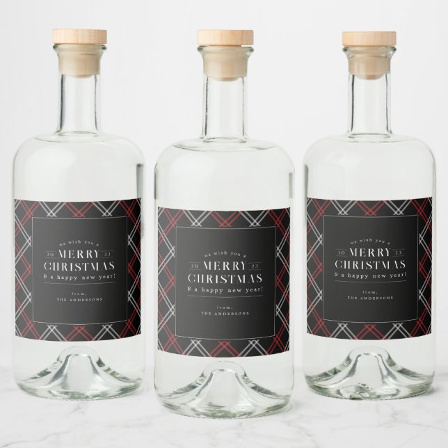 Black Holiday Plaid Christmas Liquor Bottle Label (Bottles)