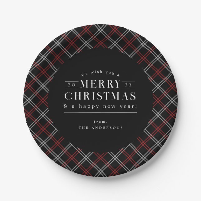 Black Holiday Plaid Christmas Paper Plates (Front)