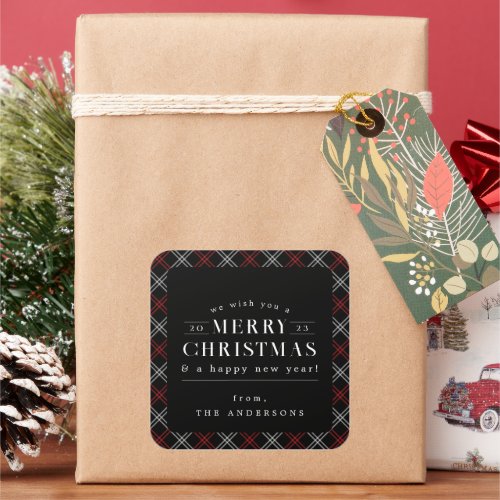 Black Holiday Plaid Christmas Square Sticker