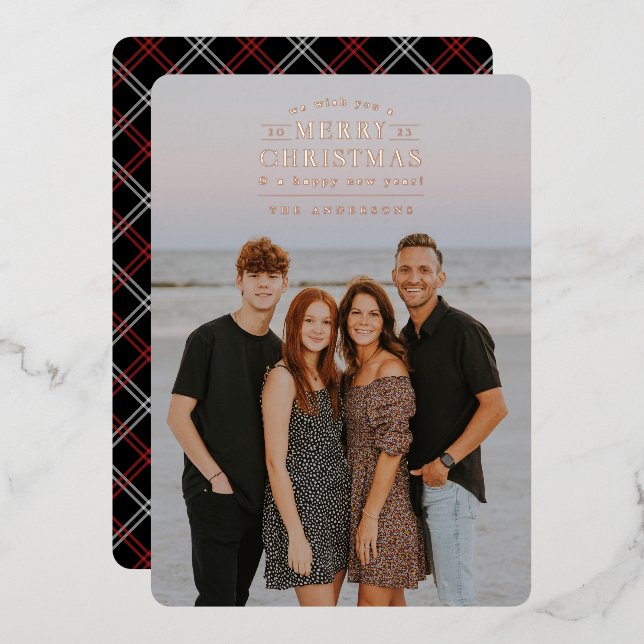 Black Holiday Plaid Photo Foil Christmas Card (Front/Back)
