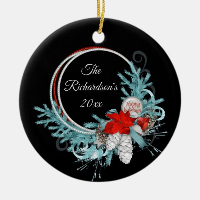 Black Holiday Wreath Personalized Ceramic Ornament (Front)