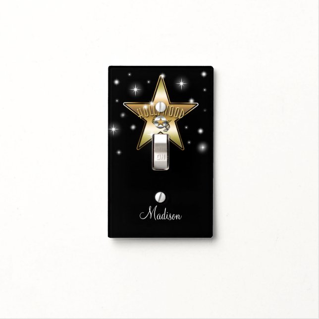 Black Hollywood Gold Star Light Switch Cover (In Situ)