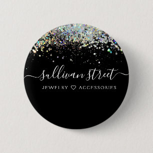 Black Holographic Glitter Business Button