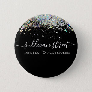 Black Holographic Glitter Business   Button