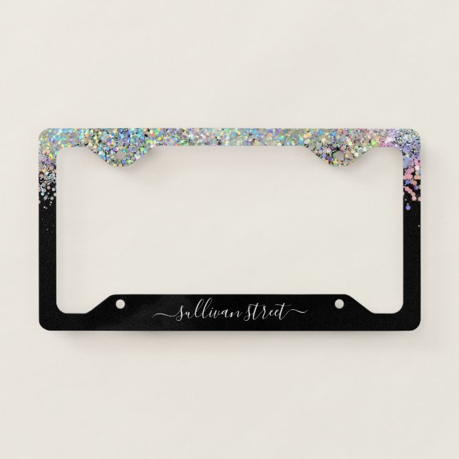 Black Holographic Glitter Business  License Plate Frame (Front)