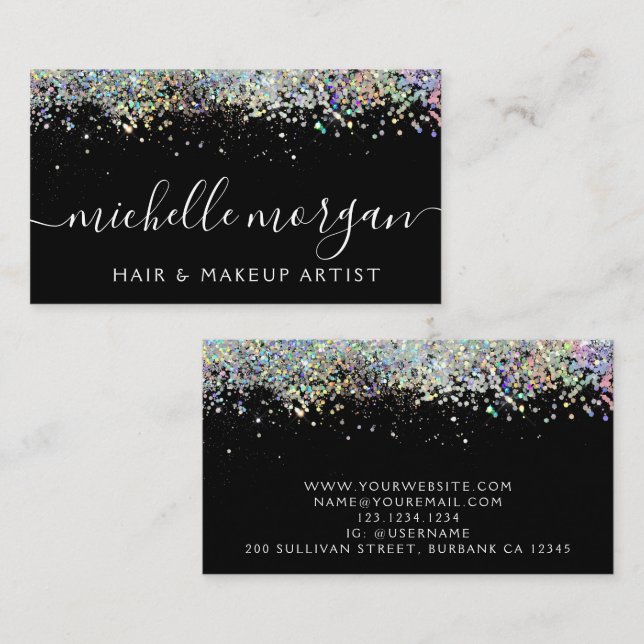 Black Holographic Glitter Hair & Makeup Calling Card (Front/Back)