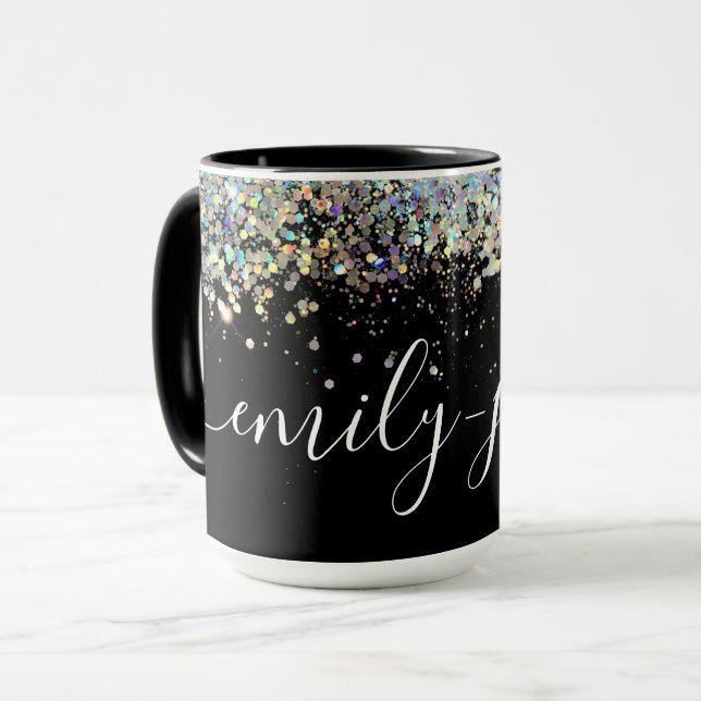 Black Holographic Glitter Hand Lettered Name Mug (Front Left)