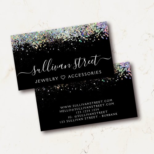 Black Holographic Glitter Jewelry Boutique Business Card