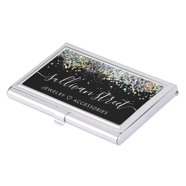 Black Holographic Glitter Jewelry Boutique Business Card Case (Front)