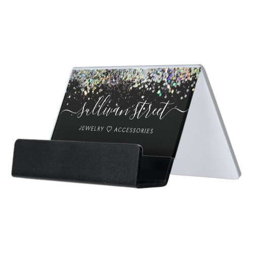 Black Holographic Glitter Jewelry Boutique Desk Business Card Holder
