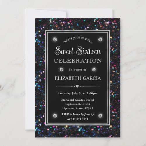 Black Holographic Glitter Pattern Frame Sweet 16 Invitation