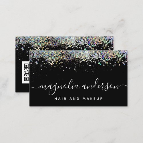 Black Holographic Glitter QR Code Business Card