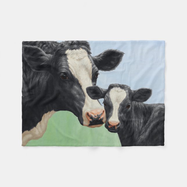 Black Holstein Cow & Cute Calf Fleece Blanket (Front (Horizontal))