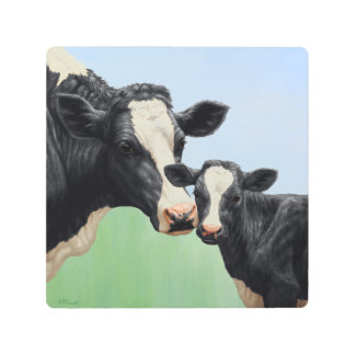 Black Holstein Cow & Cute Calf Metal Print