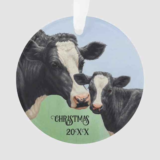 Black Holstein Cow & Cute Calf Ornament (Front)