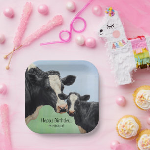 Black Holstein Cow & Cute Calf Paper Plates