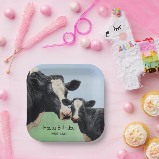 Black Holstein Cow & Cute Calf Paper Plates (Party)