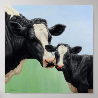 Black Holstein Cow & Cute Calf Poster