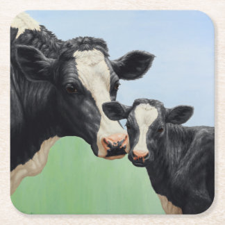 Black Holstein Cow & Cute Calf Square Paper Coaster