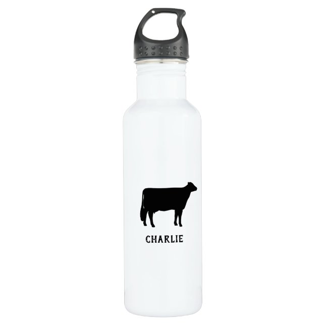 Black Holstein Cow Silhouette Personalized Stainless Steel Water Bottle (Front)