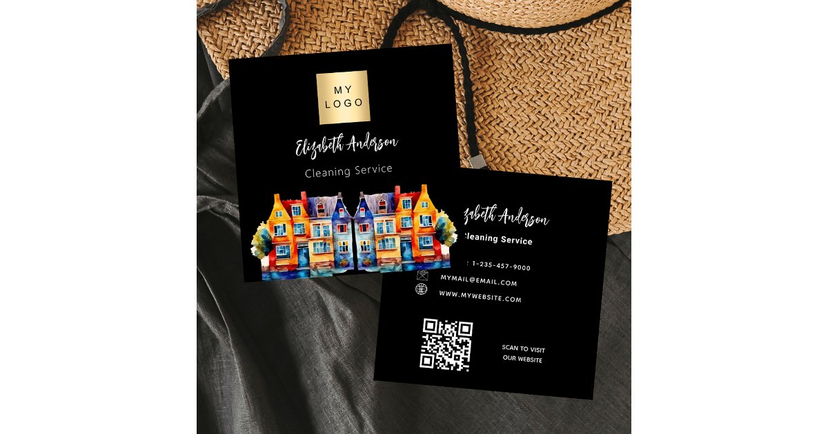 Black home cleaning service QR code Square Business Card | Zazzle