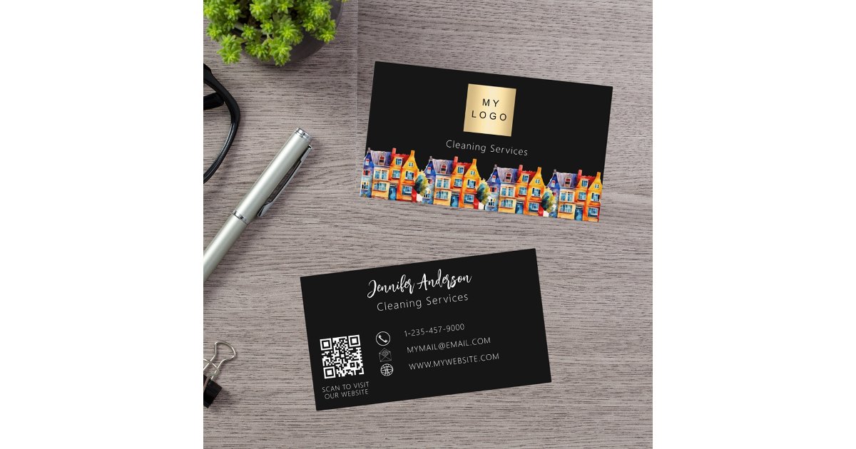Black home cleaning services QR code logo Business Card | Zazzle